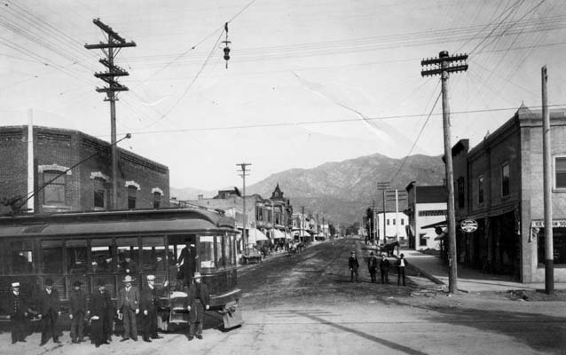 Myrtle and Olive streets on the arrival of the PE Rail line in Monrovia, California, 1903.