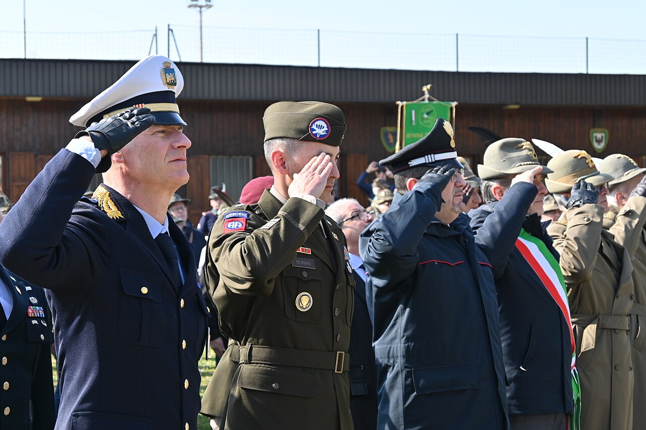 Lt. Col. Anthony Newman, Battalion Commander of the 173rd Brigade Support Battalion, 173rd Airborne Brigade renders a salute as part of memorial ceremony for Italian Lieutenant Enrico Tigrucci of the Alpini 32nd Battery of the Bergamo Group in Montecchio Maggiore, Italy on March 5, 2023.
The 173rd Airborne Brigade is the U.S. Army's Contingency Response Force in Europe, providing rapidly deployable forces to the United States European, African, and Central Command areas of responsibility. Forward deployed across Italy and Germany, the brigade routinely trains alongside NATO allies and partners to build partnerships and strengthen the alliance.

(U.S. Army photo by Capt. Rob Haake)
