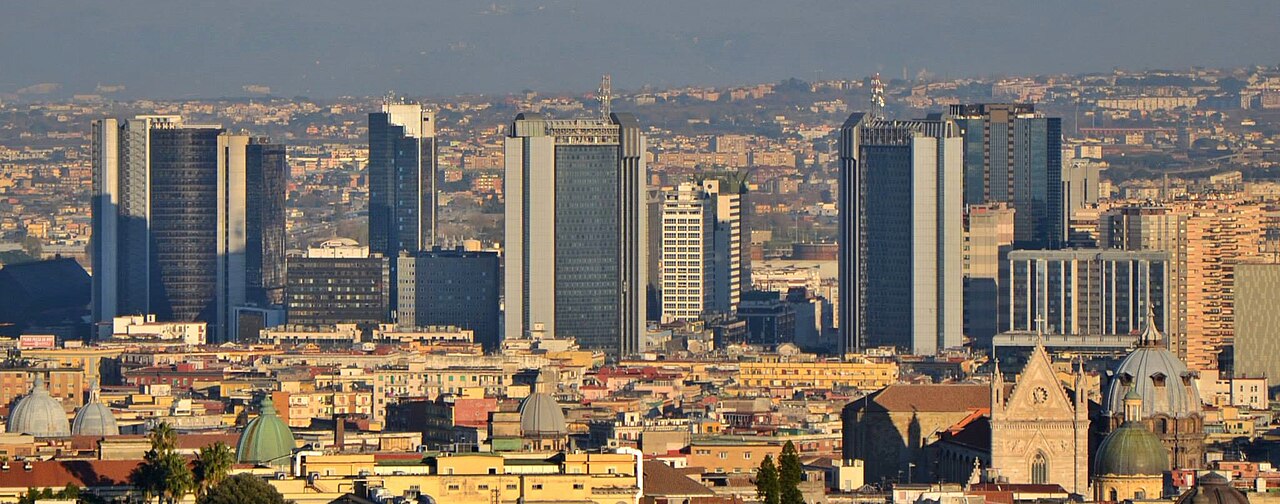 Naples financial district of Centro Direzionale taken from the viewpoint of San Martino, Italy.