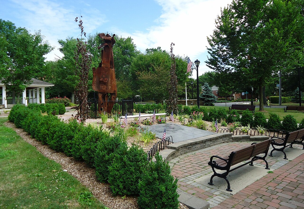 Memorial park with benches, art, pergola. New Providence, New Jersey, is a borough in Union County and about 40 minutes west of Manhattan.