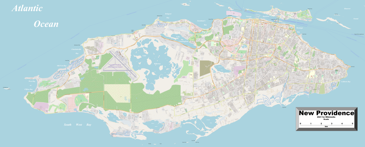 This map of New Providence shows the island's cities, towns, villages and some other geographical details, and is likely the most comprehensive map of the island in this respect that you'll find anywhere online. It has been stitched together from panels of Open Street Map (which is freely licensed to all) with details plotted by the uploader.
