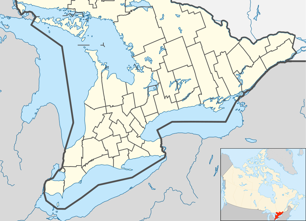 Location map of Southern Ontario, Canada.
Equirectangular projection, N/S stretching 155%. Geographic limits of the map:

N: 46.4° N
S: 41.4° N
W: 84.7° W
E: 74.0° W
