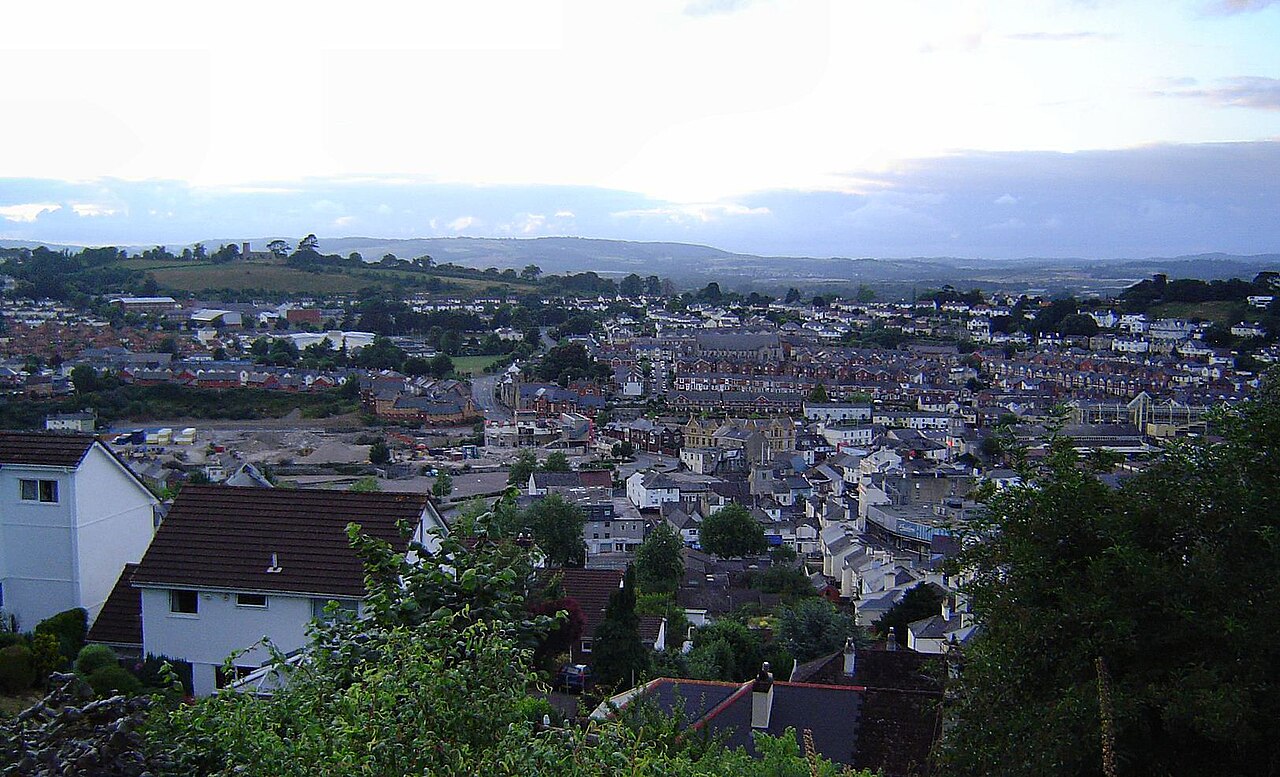 View over central Newton Abbot, Devon, UK - taken from Wolborough Hill, July 2005.