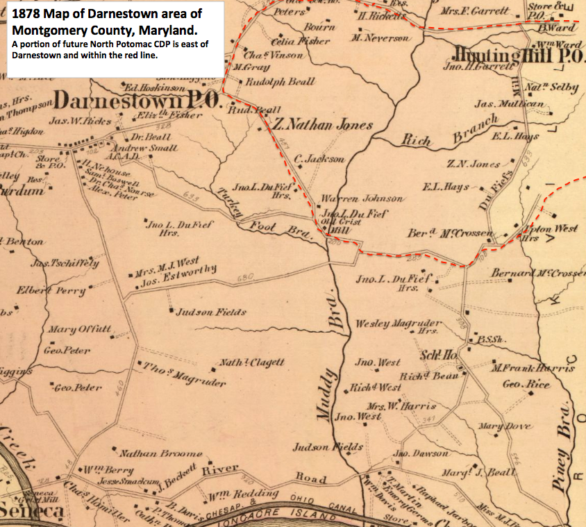 This 1878 map shows the Darnestown-Hunting Hill and areas south in Maryland.  The northeast portion, inside the red dashed line, is part of today's North Potomac, CDP.