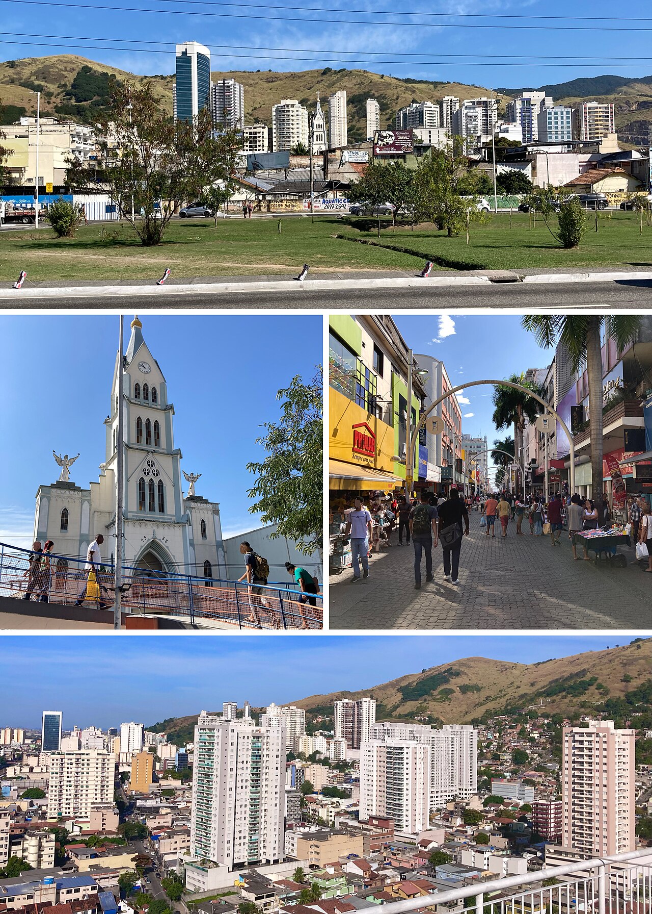 From left to right and top to bottom: Via Light; Cathedral of Nova Iguaçu city; Calçadão;  A view of the city