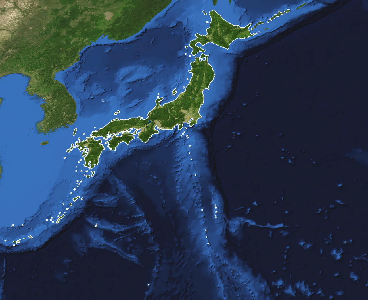 This is a topography and bathymetry map of the Japanese archipelago with outlined islands. It shows the land and the seabed of Japan. All significant Japanese owned and controlled islands are outlined with a solid line such as Minami-Tori-Shima, Okinotorishima, Yonaguni and the Senkaku islands. The northern territories (kuril islands) and Takeshima have a dashed line.