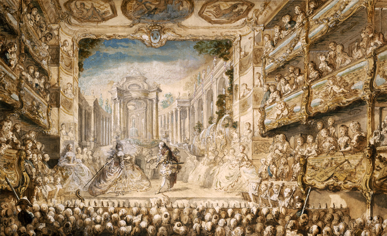 Lully's Opera "Armide" Performed at the Palais-Royal, 1761.  Pen, watercolor and gouache over graphite pencil. Museum of Fine Arts, Boston