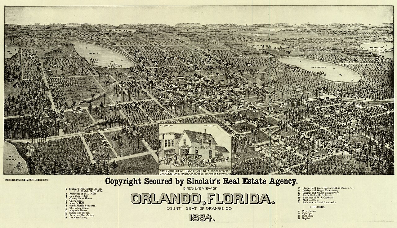 Title: Bird's Eye View of Orlando, Florida. County Seat of Orange Co. 1884. Copyright Secured by Sinclair's Real Estate Agency. Size: 1 view ; 37 x 61 cm. Not drawn to scale. Includes key. Inset illustration of Sinclair's Real Estate Agency. Made by Joseph John Stoner. Published by J. J. Stoner, Madison, Wisconsin.