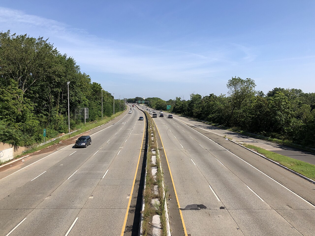 View north along New Jersey State Route 21 (McCarter Highway) from the southern overpass for Passaic County Route 624 (River Drive) in Passaic, Passaic County, New Jersey