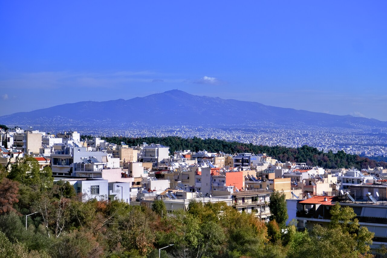 View of Mount Pentelicus (Penteli) seen from the Athenian suburb of Petroupoli. Photo taken by Magnus, as a part of the "Escape from Berlin" collection. January 2025 / Fuji XT3