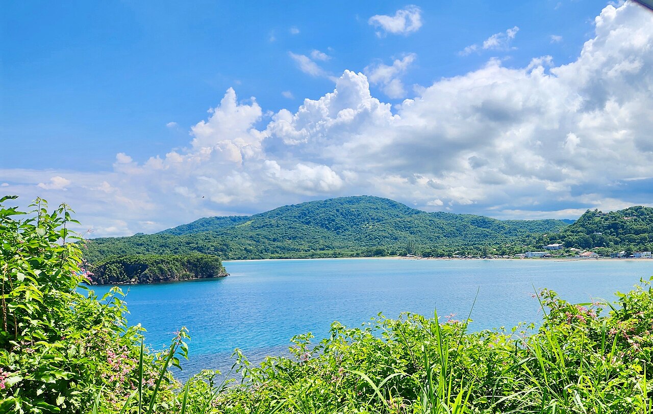 The overlook from Fort Haldane showing Cabarita Island and Paggee Beach, Port Maria Harbor, St.Mary Jamaica