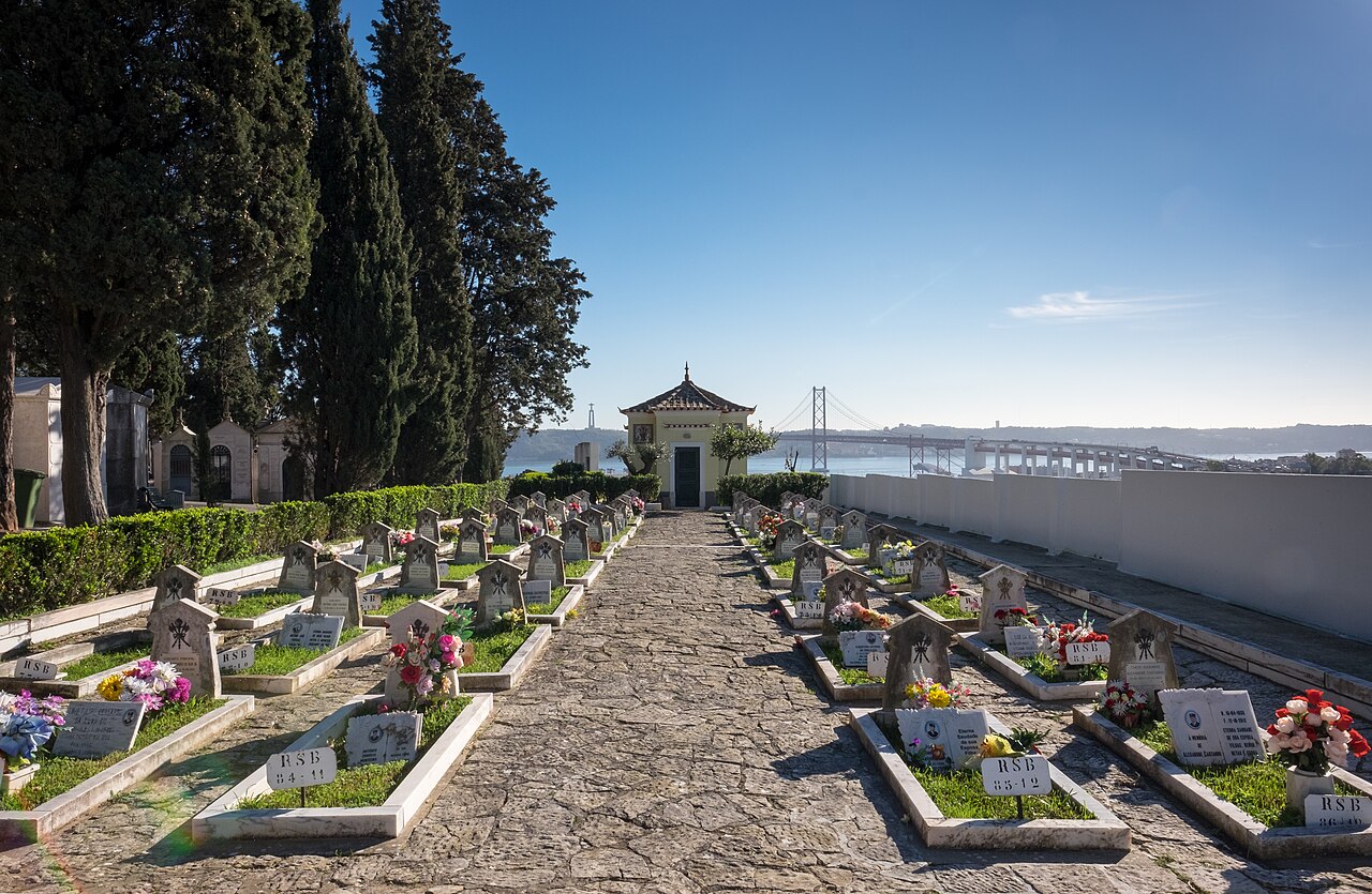 Burial ground for firefighters with River Tagus in the background, Prazeres cemetery, Lisbon, Portugal (PPL1-Corrected)