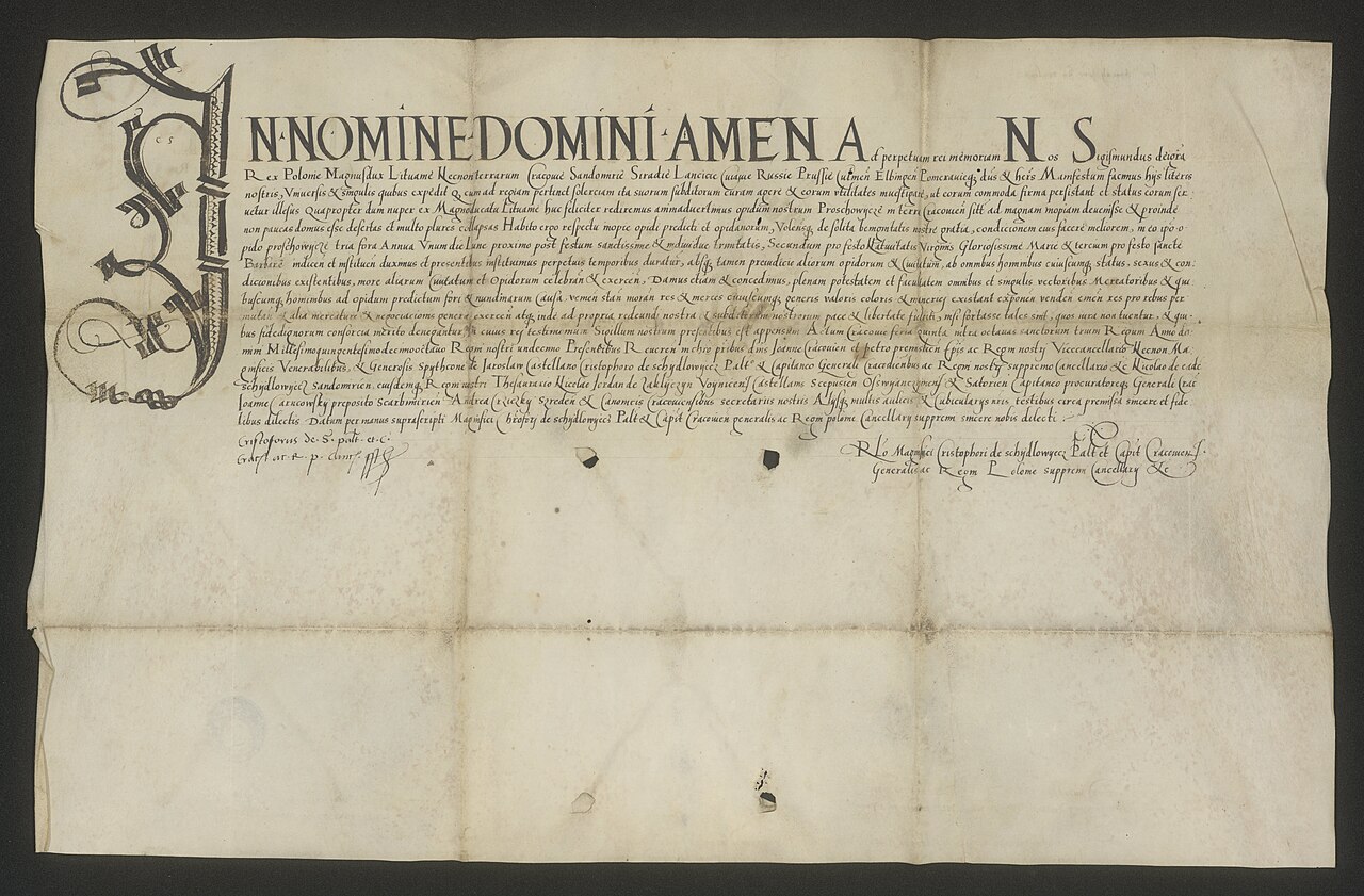 Tytuł: Dokument króla Zygmunta I dotyczący ustanowienia w Proszowicach trzech targów dorocznych.Adres wydawniczy: Kraków : , 1518Gatunek: rękopisForma i typ: rękopisyOpis fizyczny: 1 k. : perg. ; 63x28,5+11-11,5 cm