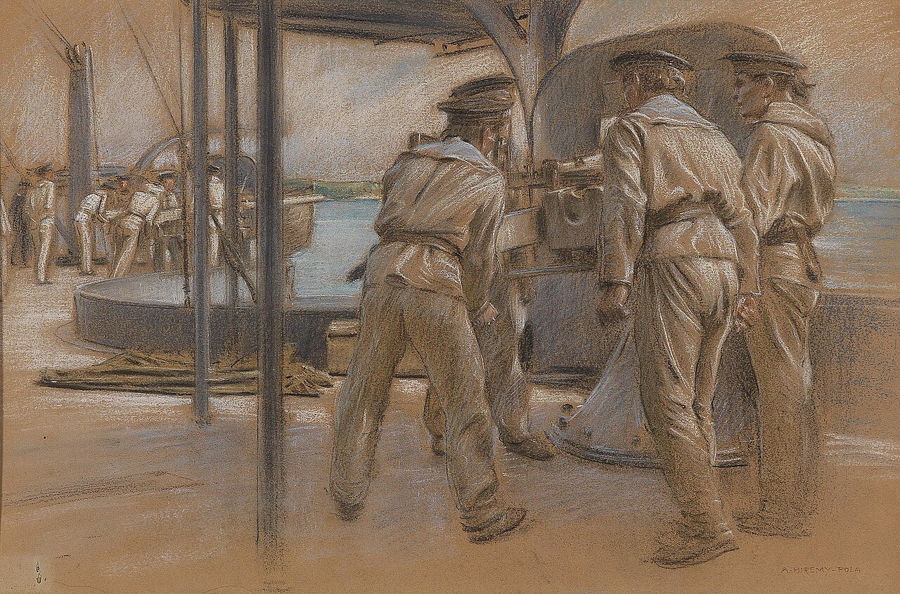 Matrosen am Hafen von Pola, signiert und mit Ortsangabe A. Hiremy-Pola, Pastell auf Papier, ca. 30 x 44 cm