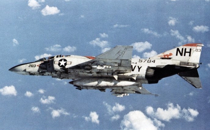 A U.S. Navy McDonnell F-4J-34-MC Phantom II (BuNo 155784) from Fighter Squadron 114 (VF-114) "Aardvarks" in flight, armed with AIM-9D Sidewinder and AIM-7E Sparrow missiles. VF-114 was assigned to Carrier Air Wing 11 (CVW-11) aboard the aircraft carrier USS Kitty Hawk (CVA-63) for a deployment to Vietnam from 17 February to 28 November 1972. The F-4J 155784 was later converted to an F-4S and finally retired to the AMARC as 8F0260 on 26 February 1987.