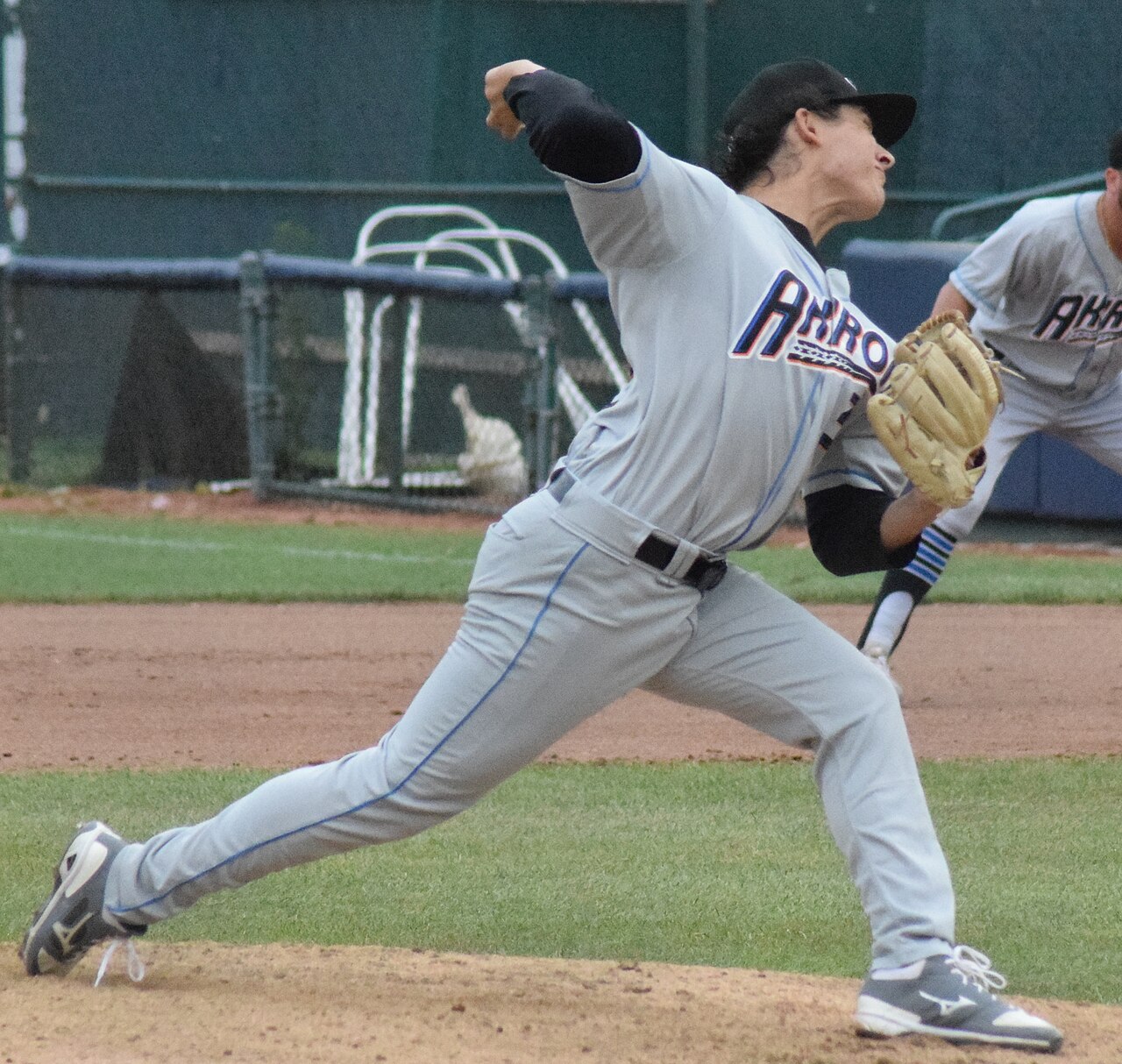 Eli Morgan pitching for the Akron RubberDucks during a 2019 game.