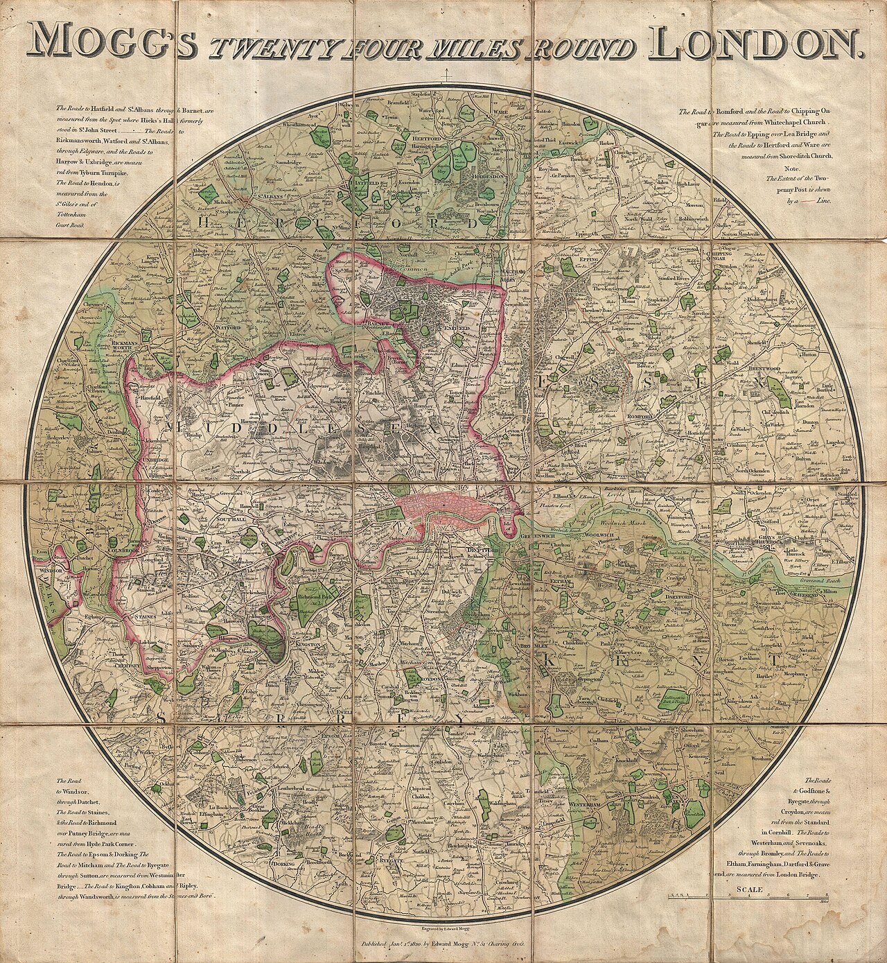 Edward Mogg's extraordinary 1820 case map of the region 24 miles around London, England.    Covers from Ryegate in the south to Hertfort in the north, and from Windsor in the west to Gravesend in the east.  Mogg first issued this revolutionary circular format map in 1805 and  published 11 subsequent editions, the last being 1860.  This example represents the sixth state, 1820, in which Waterloo Road first appears.  This road was named in honor of the 1815 British victory at the Battle of Waterloo, which effectively ended the Napoleonic Wars.  Mogg offers fine engraving and extraordinary detail throughout, naming towns, cities, forests, parks, scrublands, and various important buildings.  Published and engraved by Edward Mogg from his offices at No. 51 Charing Cross, London.