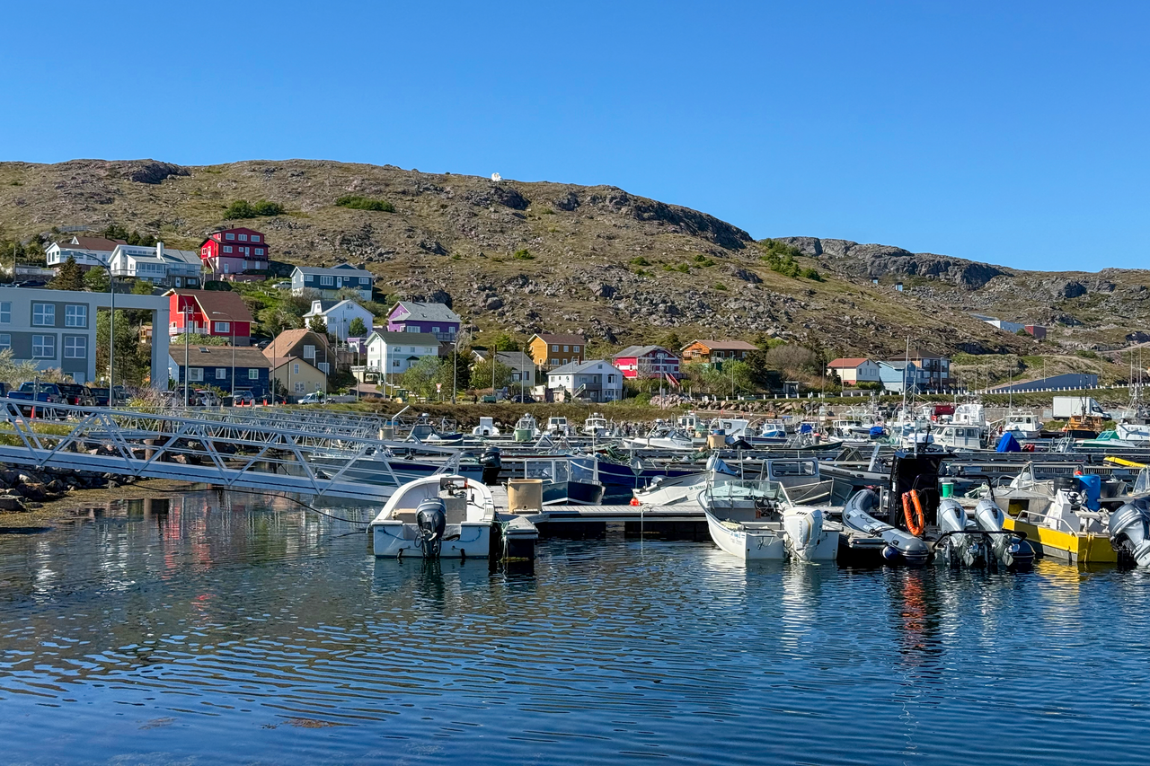 Fishing boats in Saint Pierre Harbour, below the northeastern quarter of the village and hillside
