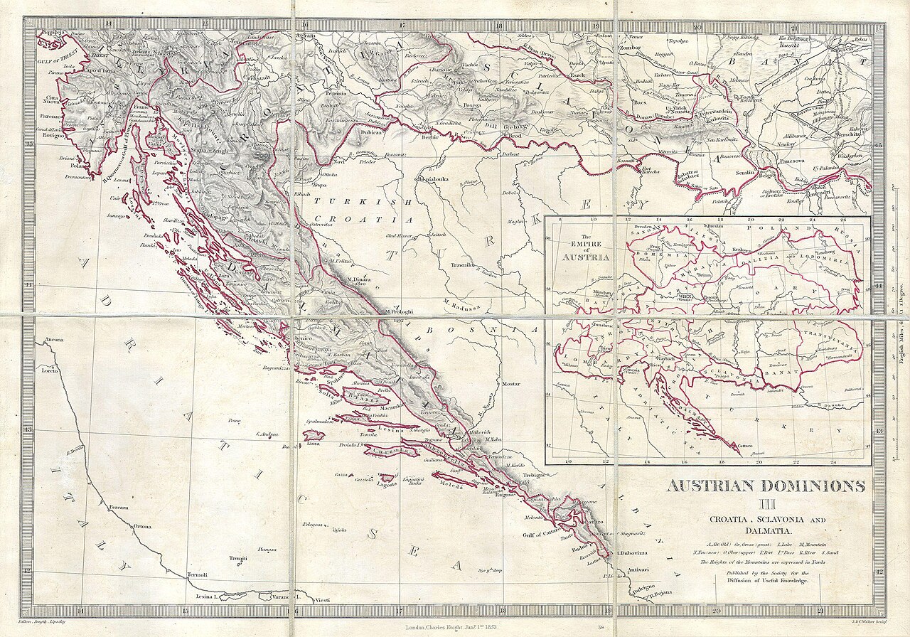 This is a S.D.U.K. map of a rarely depicted portion of Europe including most of modern day Croatia.  Depicts the south part of the Austrian Empire including Dalmatia, Croatia, and Sclavonia.  A large inset shows the full extent of the Austrian empire.  This is an unusual issue of an unusual map as it has been broken into pocket map format (six sheets) and backed with linen.  This map was probably for inclusion in a library collection.  Engraved by Weller for the Society for the Diffusion of Useful Knowledge under the Supervision of Charles Knight, dated Jan 1. 1852.