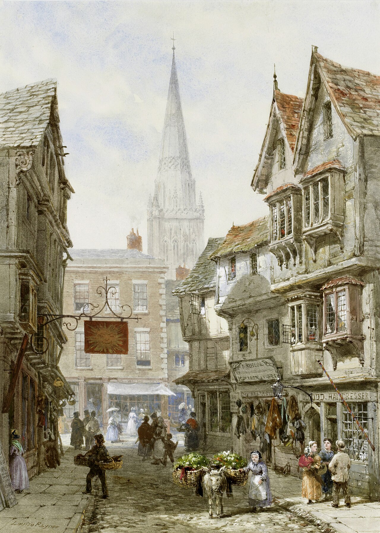 Minster Street, Salisbury. Signed Louise Rayner.  Watercolour and gouache, 34.5 x 25 cm