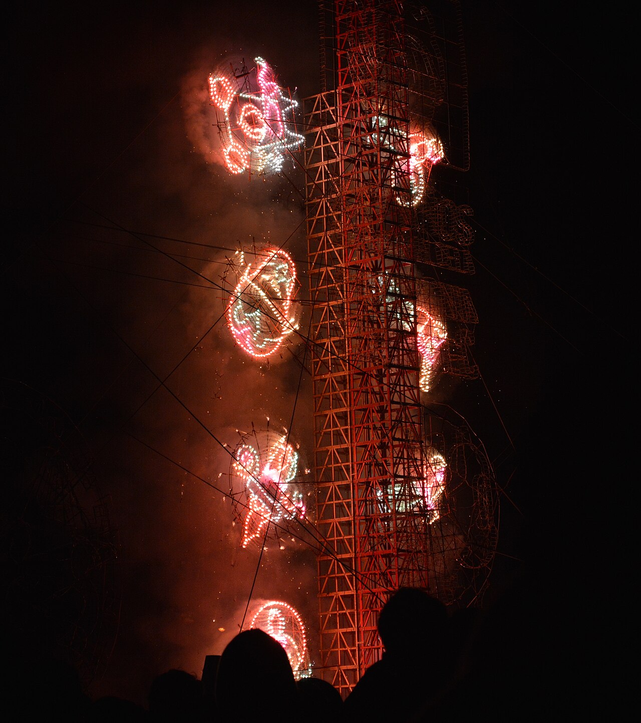 Sections of fireworks castles lit at the Feria Nacional de Pirotecnia in Tultepec, State of Mexico, Mexico