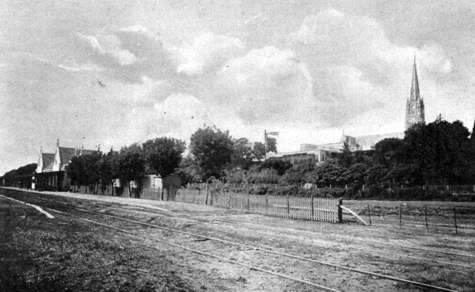 at left, the station; at right, the cathedral