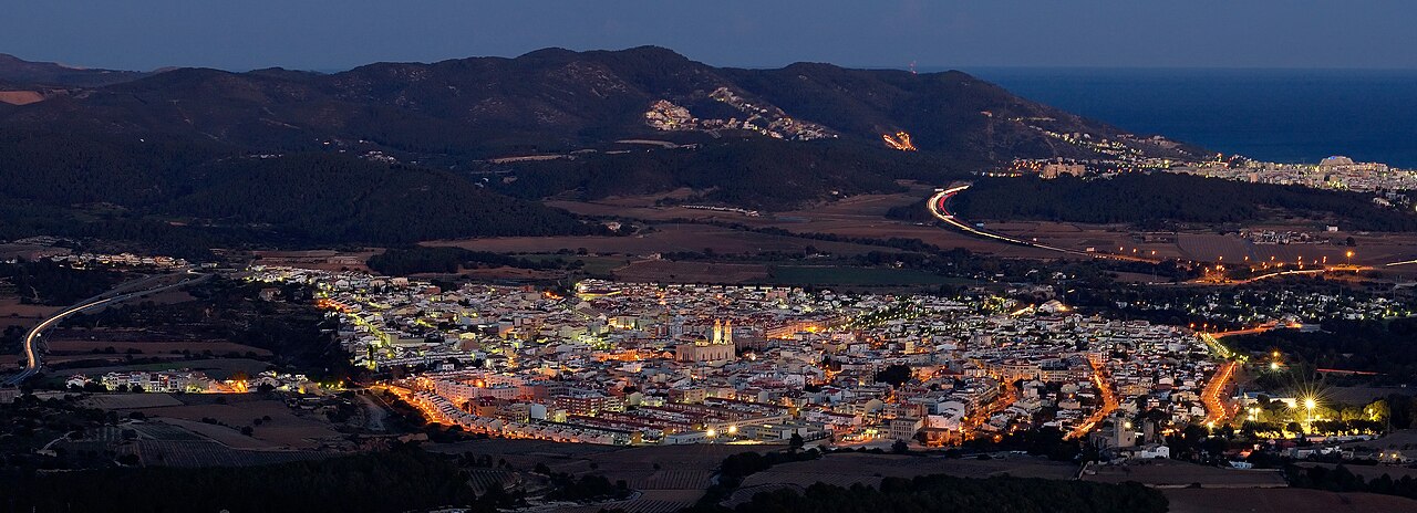 View towards the Garraf National Park from Mont Gros, overlooking the town of Sant Pere de Ribes, near Sitges in Catalonia. The north end of Sitges can be seen towards the coast.