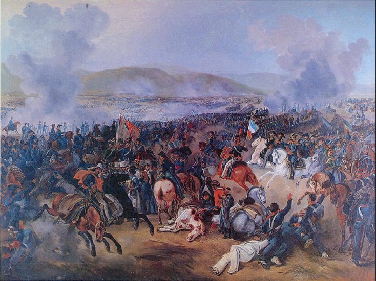 en:Battle of Maipú, painted in en:1837 by Juan Mauricio Rugendas (died 1858). The painting is today in the Moneda building in Santiago de Chile ([1])