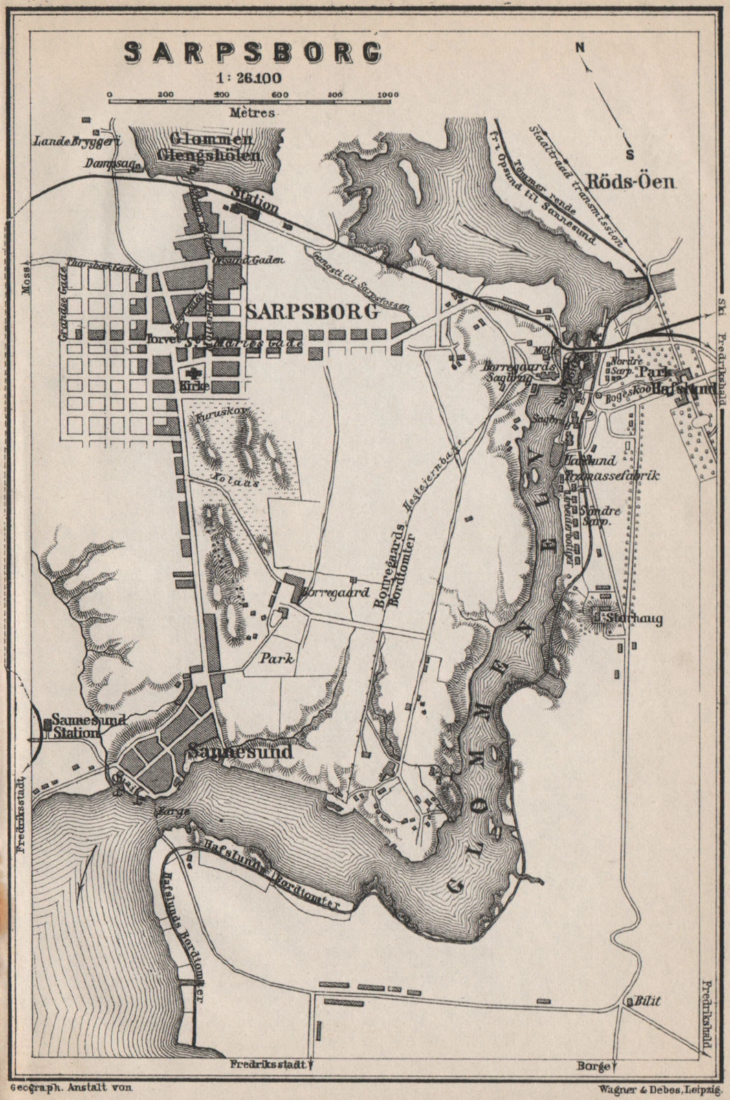 Old map of Sarpsborg Norway from 1885