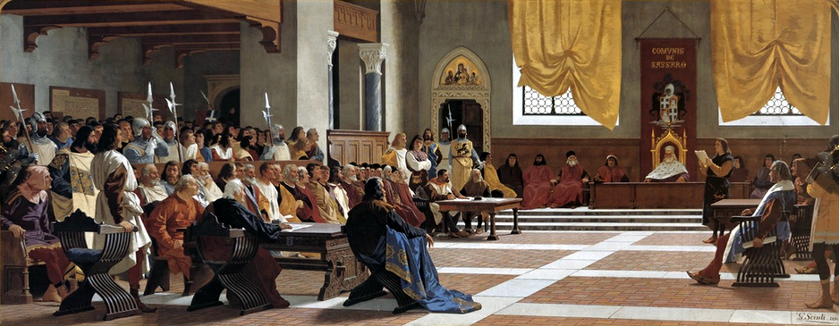 Fresco of Giuseppe Sciuti (1834-1911) "La proclamazione della Repubblica sassarese (Il Consiglio della Repubblica sassarese)", 1880. Palace of the Province, Sassari, Italy
Author of the photo: Studio Punto e basta
Owner of the work: Ilisso Edizioni, Nuoro, Italy

Credits: Sardinia Region