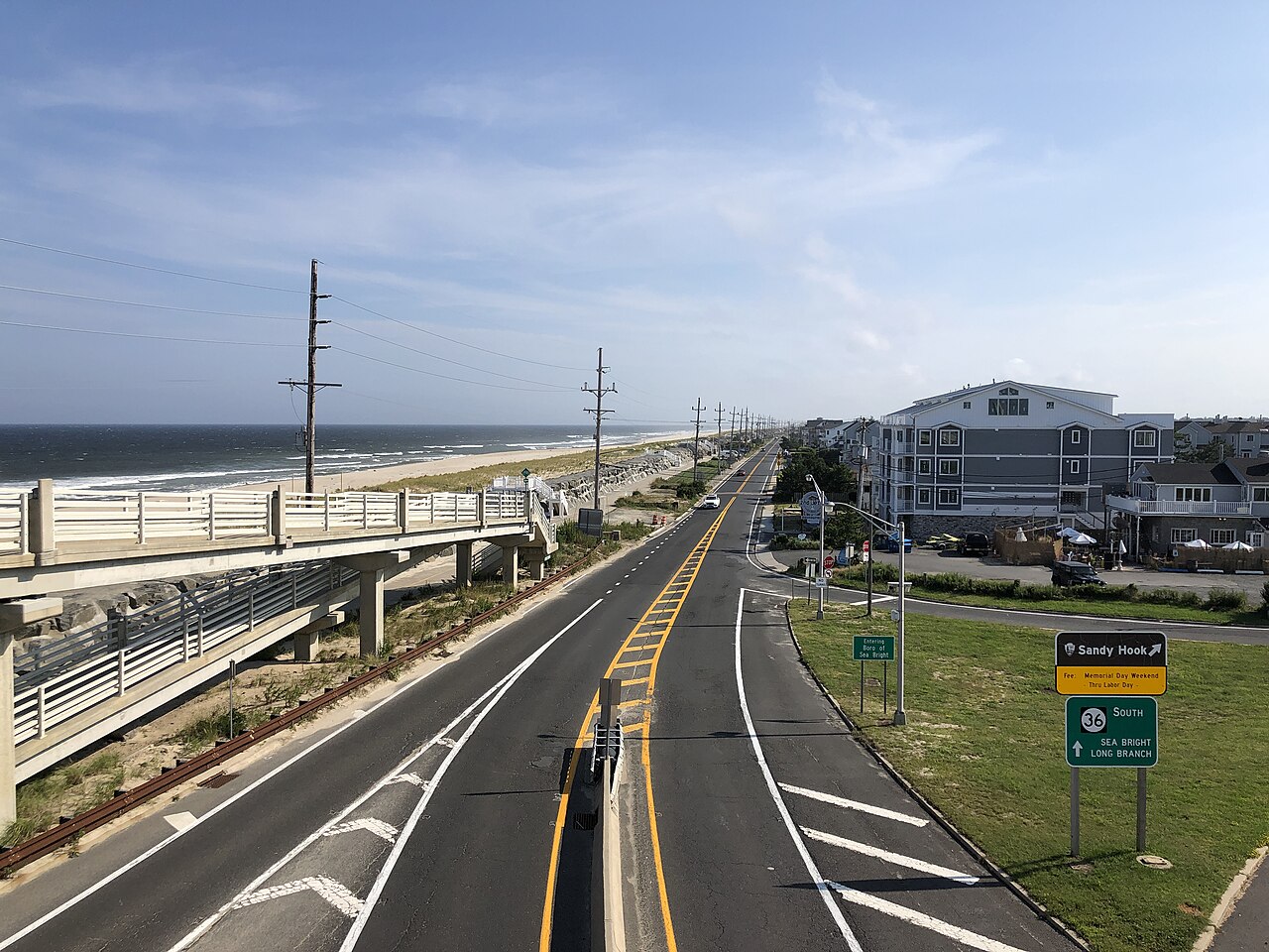 View south along New Jersey State Route 36 (Ocean Avenue) from the pedestrian overpass at the entrance to Sandy Hook in Sea Bright, Monmouth County, New Jersey