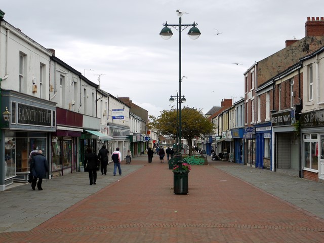 Church Street, Seaham A pedestrianised shopping street. As an extensive part of the town nearby has become a large modern shopping mall and supermarket complex the traditional outlets here look like they are struggling to survive. The fake seagulls on the top of the lamp-posts and brightly coloured bicycle motifs make interesting features.