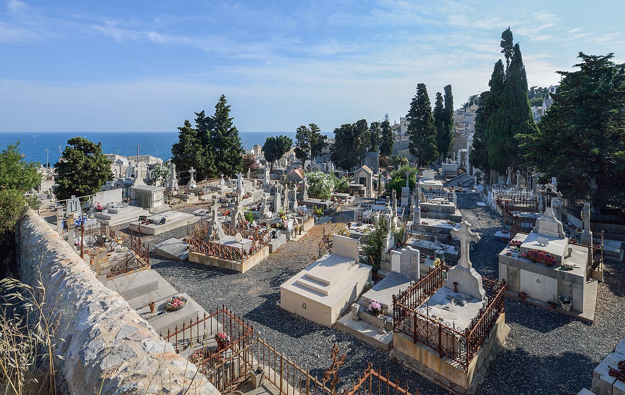 The marine graveyard (Cimetière Marin, end of XVIIth century) and the Mediterranean Sea. Sète, Hérault, France.