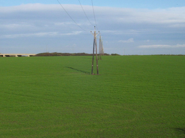A single-circuit overhead power line marches northwards over open land west of Burradon.