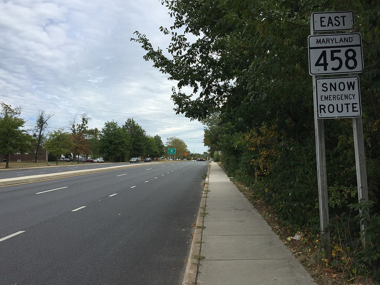 View east along Maryland State Route 458 (Silver Hill Road) at Maryland State Route 5 (Branch Avenue) in Silver Hill, Prince Georges County, Maryland