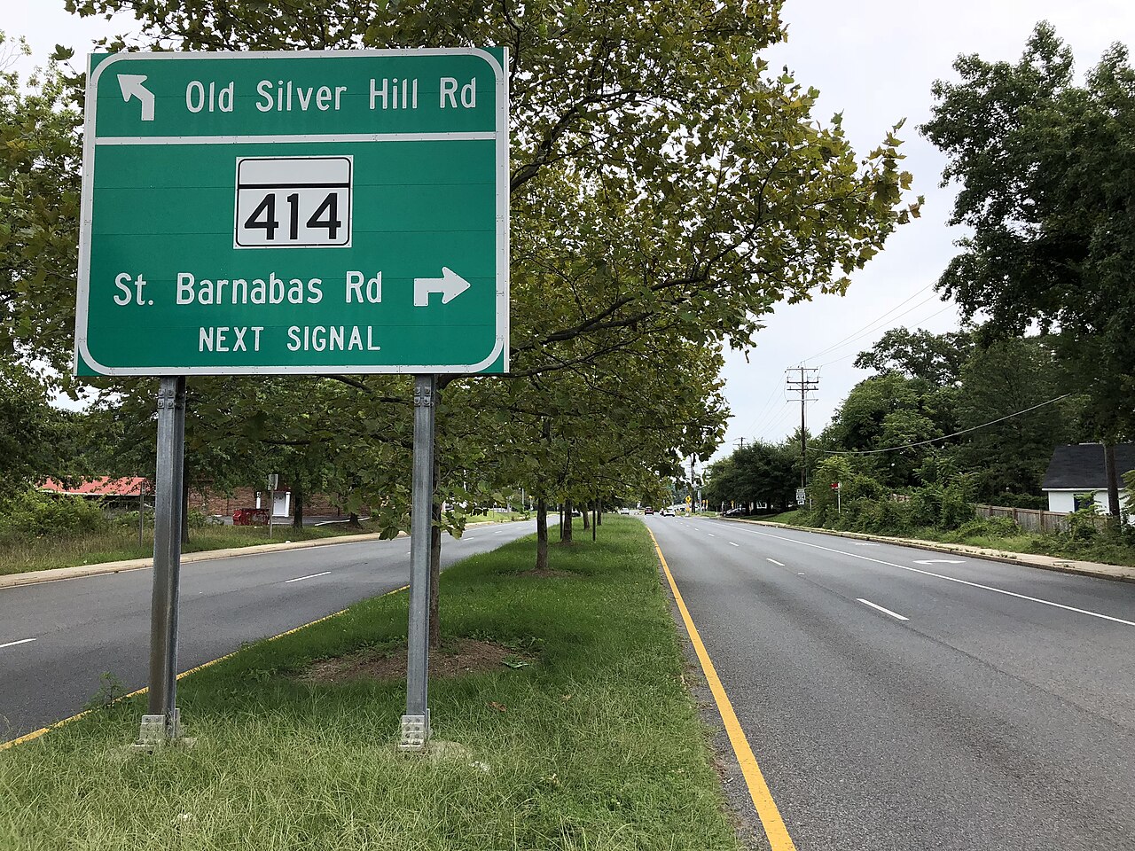View east along Maryland State Route 458 (Silver Hill Road) just west of Maryland State Route 414 (Saint Barnabas Road/Old Silver Hill Road) in Silver Hill, Prince George's County, Maryland