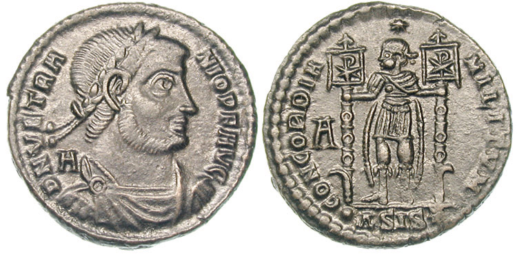 Vetriano (AD 350). AE maiorina (5.40 gm), Siscia mint.
D N VETRA-NIO P F AVG, laureate, draped and cuirassed bust of Vetranio right, A behind
CONCORDIA MILITVM, emperor standing left in military attire, holding two labara, star above his head, A in left field, •ASIS* in exergue.
RIC 281. C. 1. LRBC 1168. RCTV 4041.