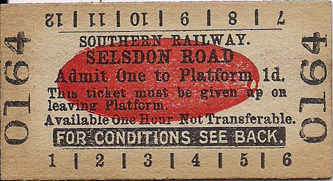 Platform ticket issued by the Southern Railway for Selsdon railway station, dated 20 November 1948.