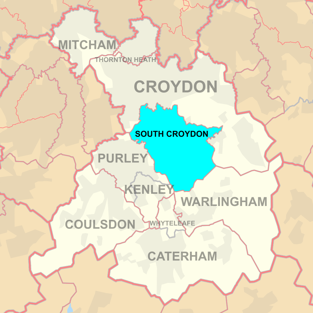 Labelled map of South Croydon postal district within the London Borough of Croydon