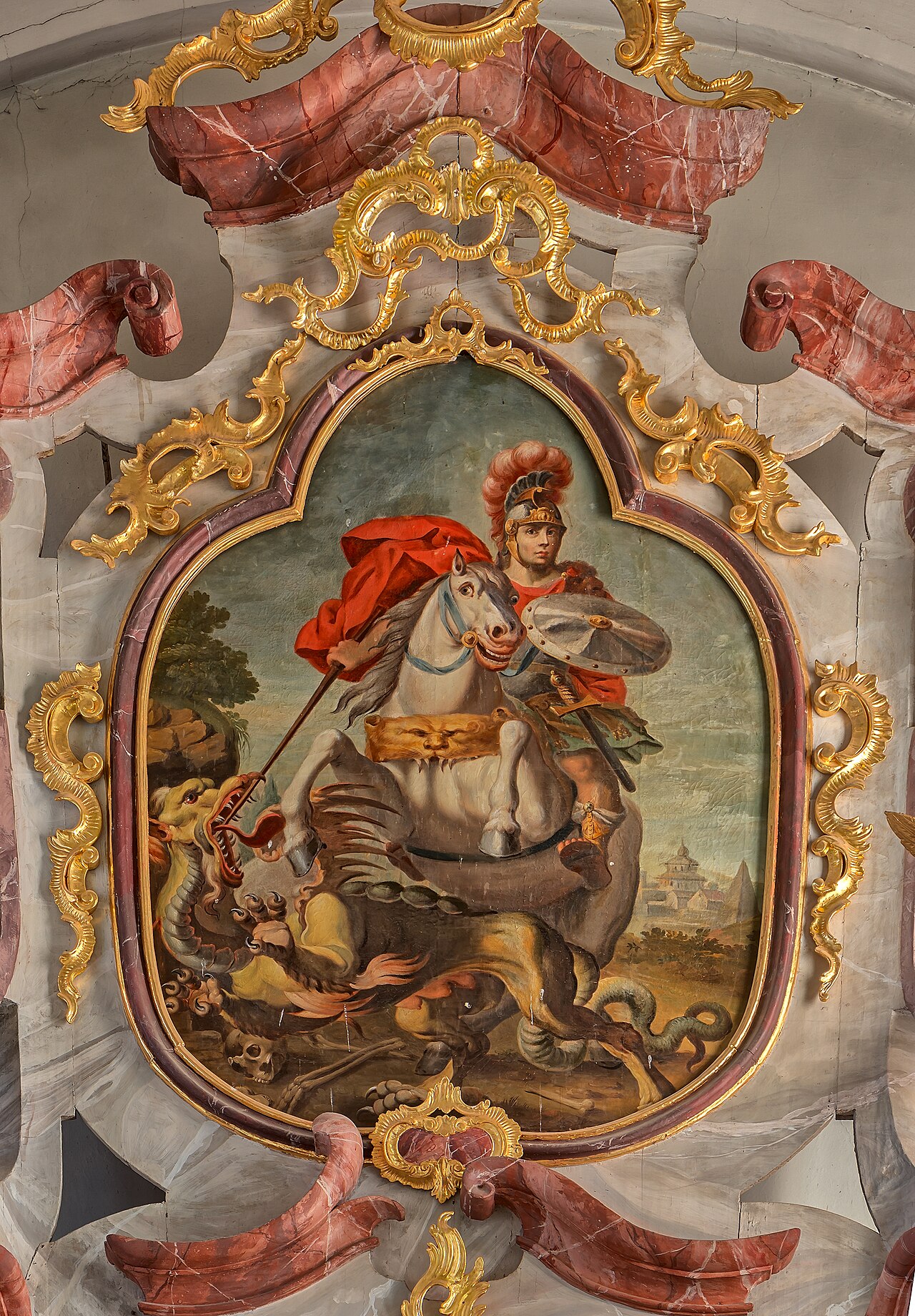 Saint George, upper altarpiece of the main altar of the parish church St. Georg, built in 1750 - 1751 by Peter Thumb (1681–1767), Hüfingen-Mundelfingen, Baden-Württemberg, Germany.