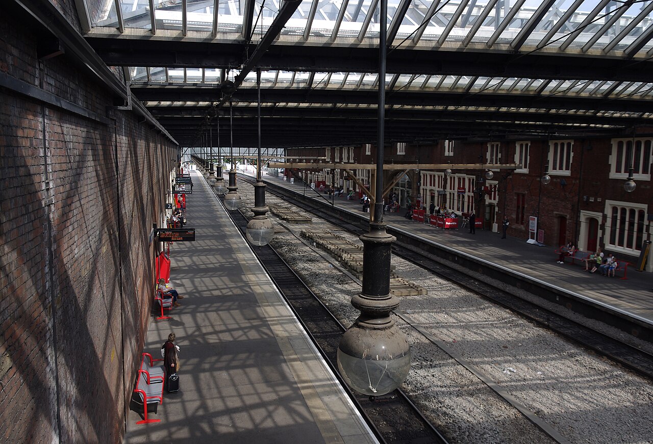Under the roof of Stoke-on-Trent railway station.