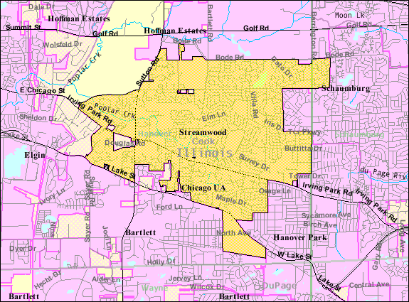 US Census Bureau reference map of w:Streamwood, Illinois.