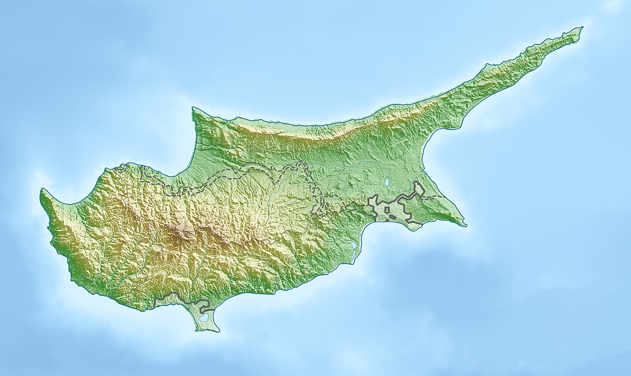 Physical location map of Cyprus.
Equirectangular projection, N/S stretching 115 %. Geographic limits of the map:

N: 35.8° N
S: 34.4° N
W: 32.1° E
E: 34.8° E