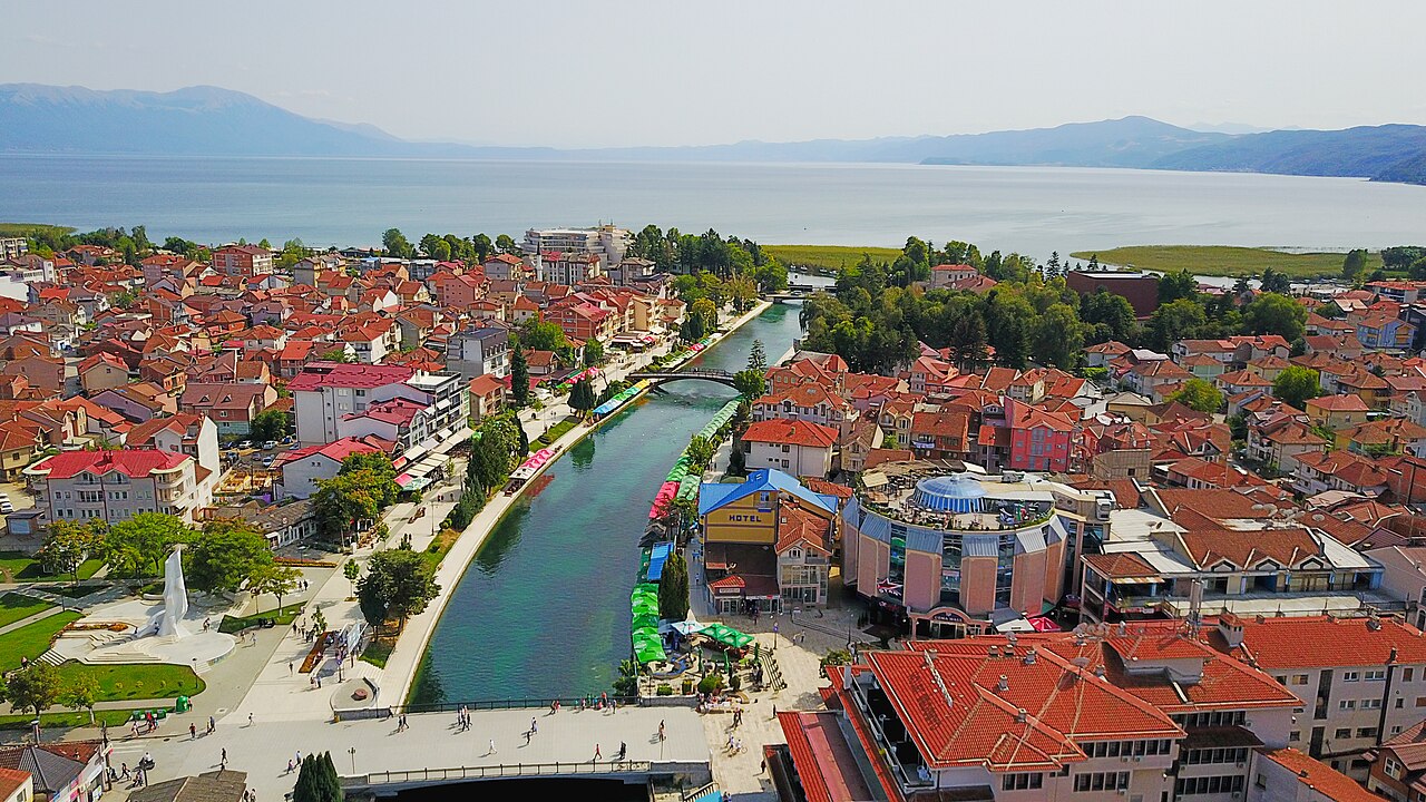 Aerial view of Struga, Black Drin and Lake Ohrid.