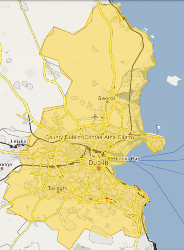 Map of County Dublin
Geographical Limits:

N: 53.6365°
S: 53.1776°
W: -6.5506°
E: -5.9896°
