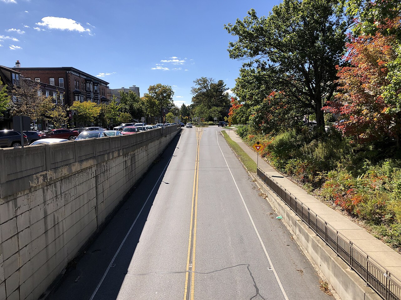 View south along Pennsylvania State Route 320 (Chester Road) from the overpass for the rail line just north of Park Avenue in Swarthmore, Delaware County, Pennsylvania
