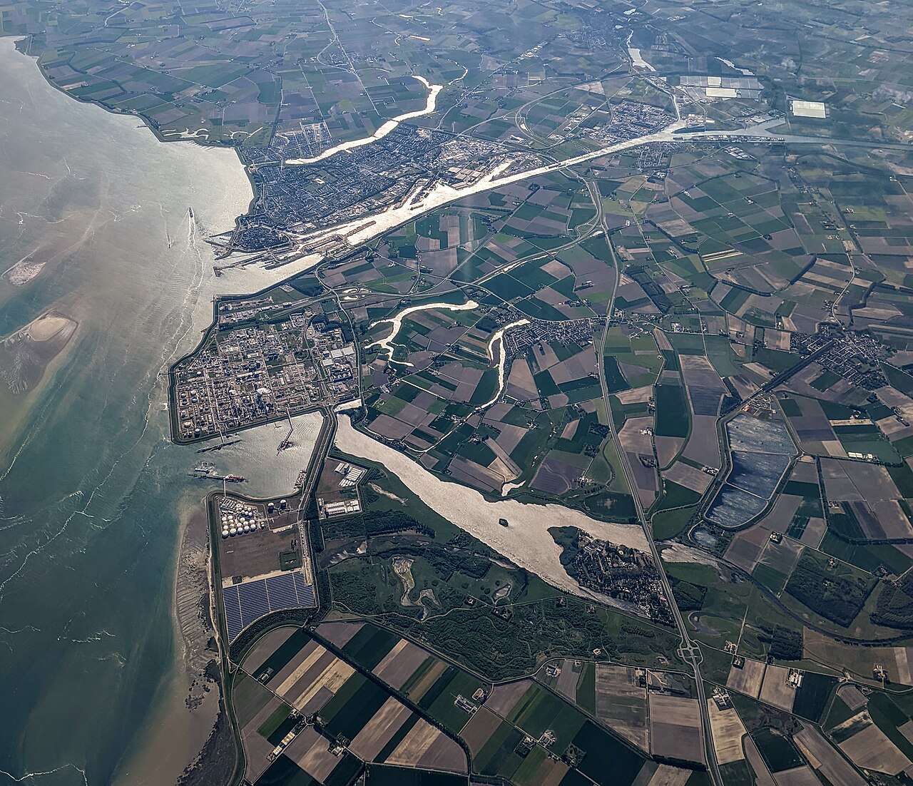 Aerial view of Terneuzen, Zeeland, Netherlands, from the west, including surrounding settlements