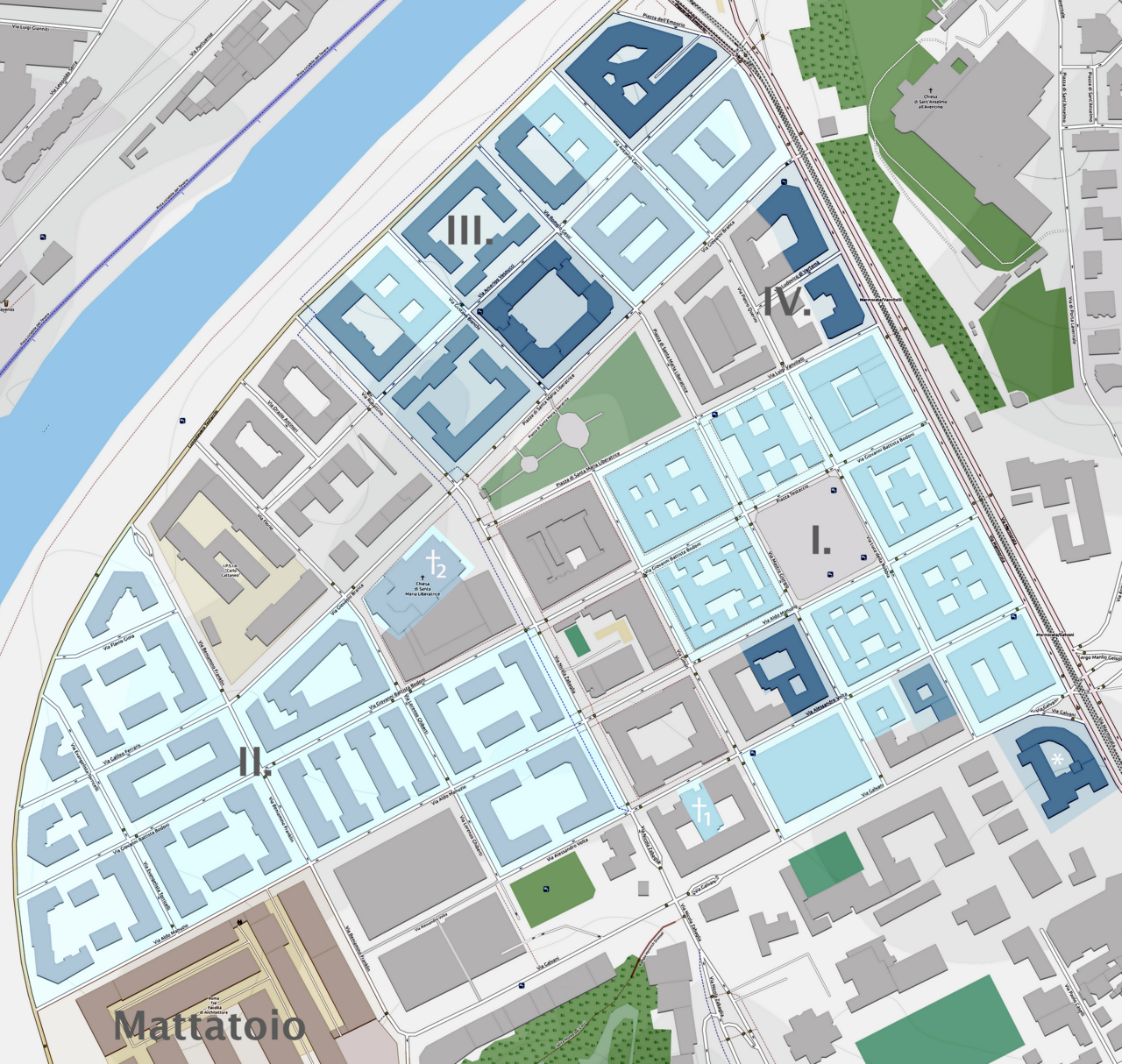 Map of Rione Testaccio, Roma. Urban development, 1883 - 1930. After: E. Puccini, G. Duranti: Testaccio: il quartiere operaio di Roma Capitale, 1870-1930. Palombi editore, Roma 2012, p. 21.