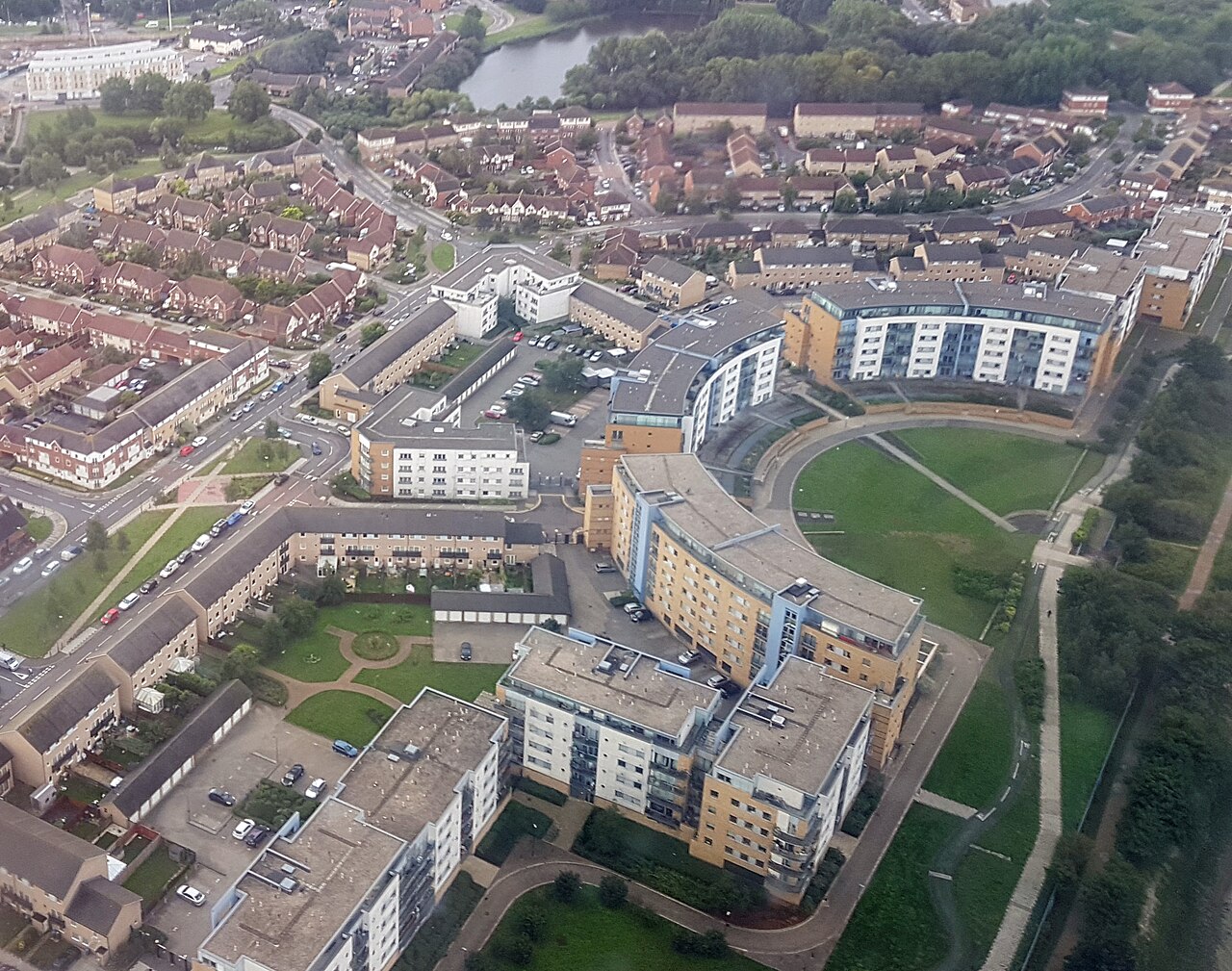 Aerial view of Thamesmead West, south-east London, shortly before landing at London City Airport.