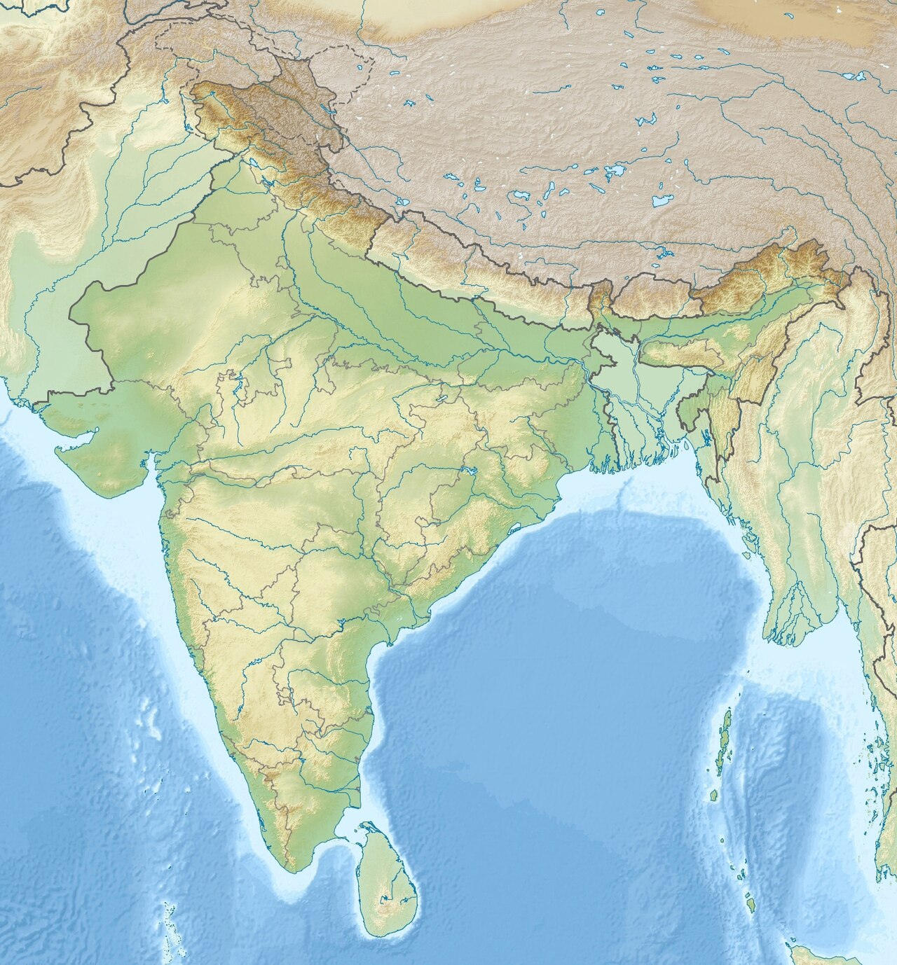 Location map of India.
Equirectangular projection.
Stretched by 106.0%.
Geographic limits of the map:
N: 37.5° N
S: 5.0° N
W: 67.0° E
E: 99.0° E
Made with Natural Earth. Free vector and raster map data @ naturalearthdata.com.